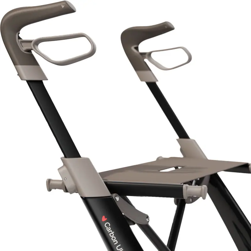 Close-up of the Carbon Ultralight forward-facing handles, brake levers and seat
